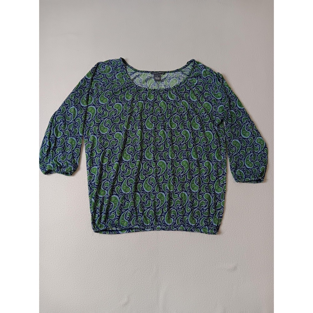 Chelsea & Theodore Blue Paisley Blouse Womens S Rayon Pleated 3/4 Sleeve